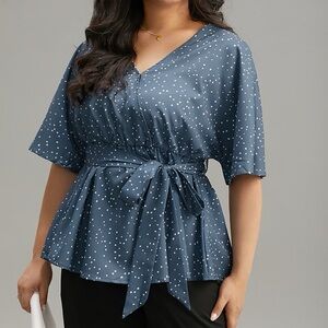 BloomChic Blue and White Polka Dot V-Neck Women's Top Plus Size 1X